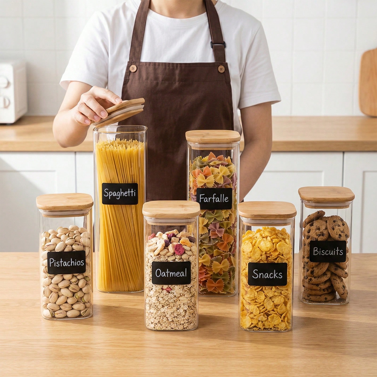 Kitchen Baking Supplies - 6/12個入りガラス製食品保存容器（蓋付き）、小麦粉、砂糖、ベーキング用品、乾燥食品の保存に適した2種類の容量、キッチンパントリー整理用プラスチック容器、キッチンアクセサリー