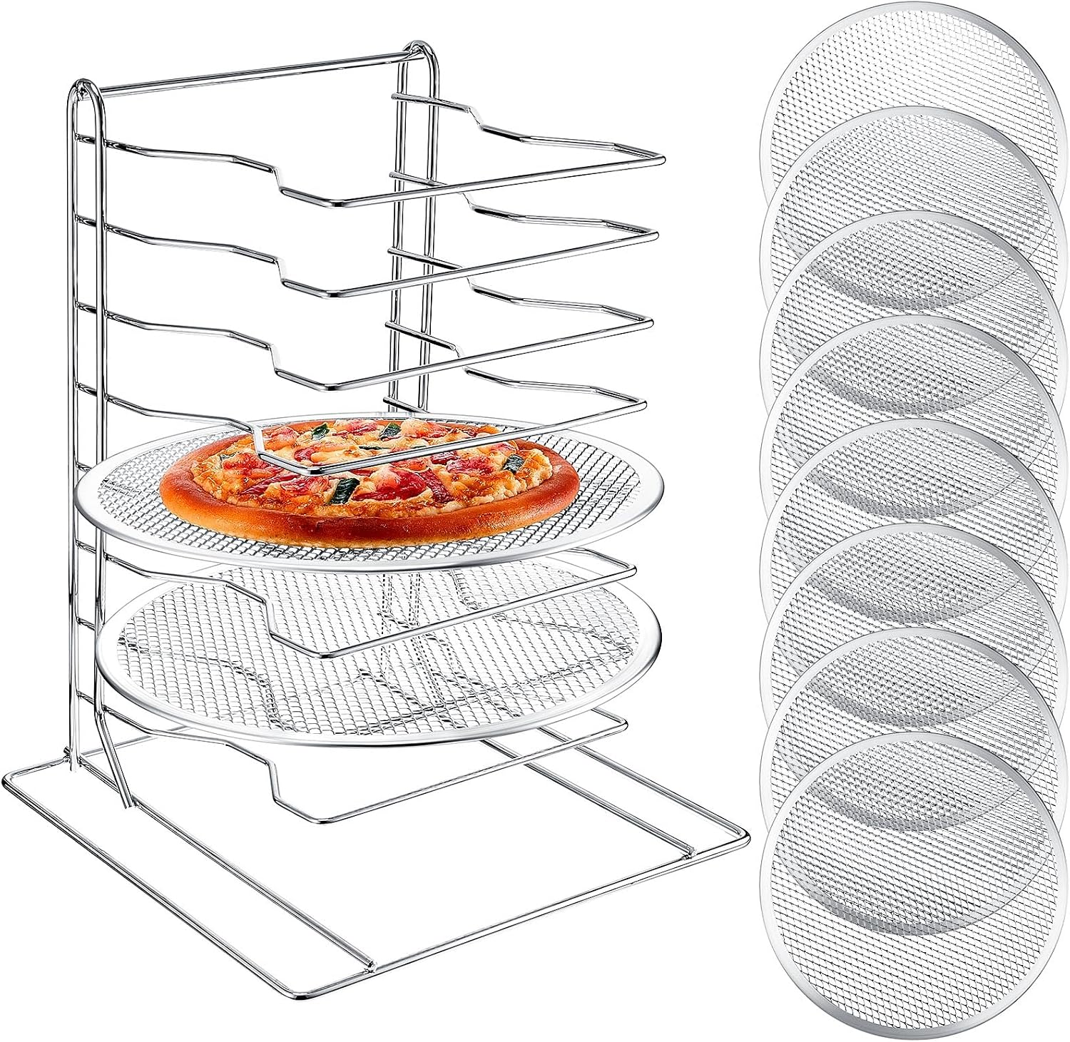 Kitchen Baking Set - ピザラック 8段スタンド、穴あきアルミ製ベーキングパン8枚付き、業務用ピザ陳列棚、家庭用・レストラン・キッチン用カウンタートップ冷却ラックセット、12インチ