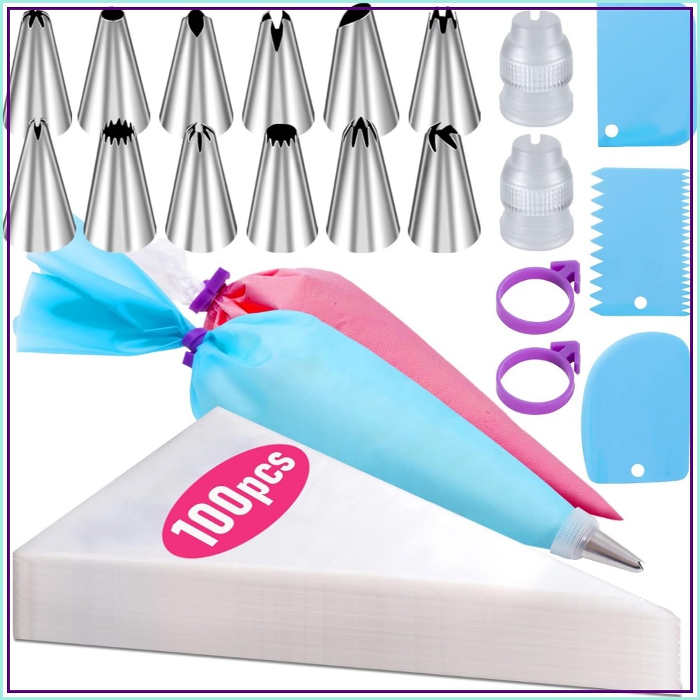 Decorating Tip Set - 100個入り使い捨てペストリーバッグ＆12種類のチップセット、12インチケーキデコレーション用アイシングバッグ、耐破裂性、再利用可能なシリコンバッグ＆カプラー付属