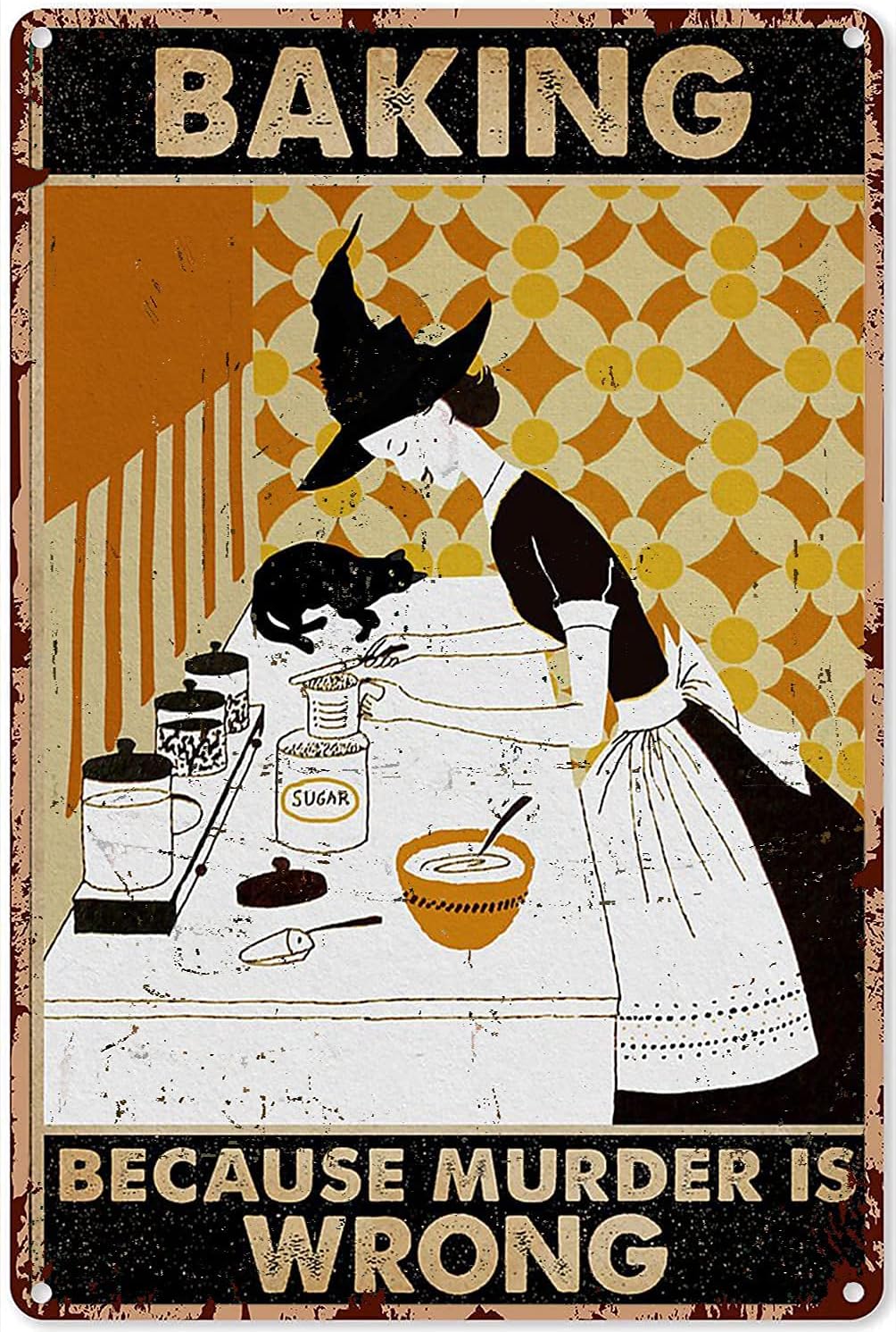 Kitchen Witch Baking - 魔女が焼くようなおしゃれなキッチンサイン、黒猫「それは私がやっていることです、私は焼き物を焼きます、そして物事を知っています」ブリキ看板装飾、ヴィンテージ風メタルポスター