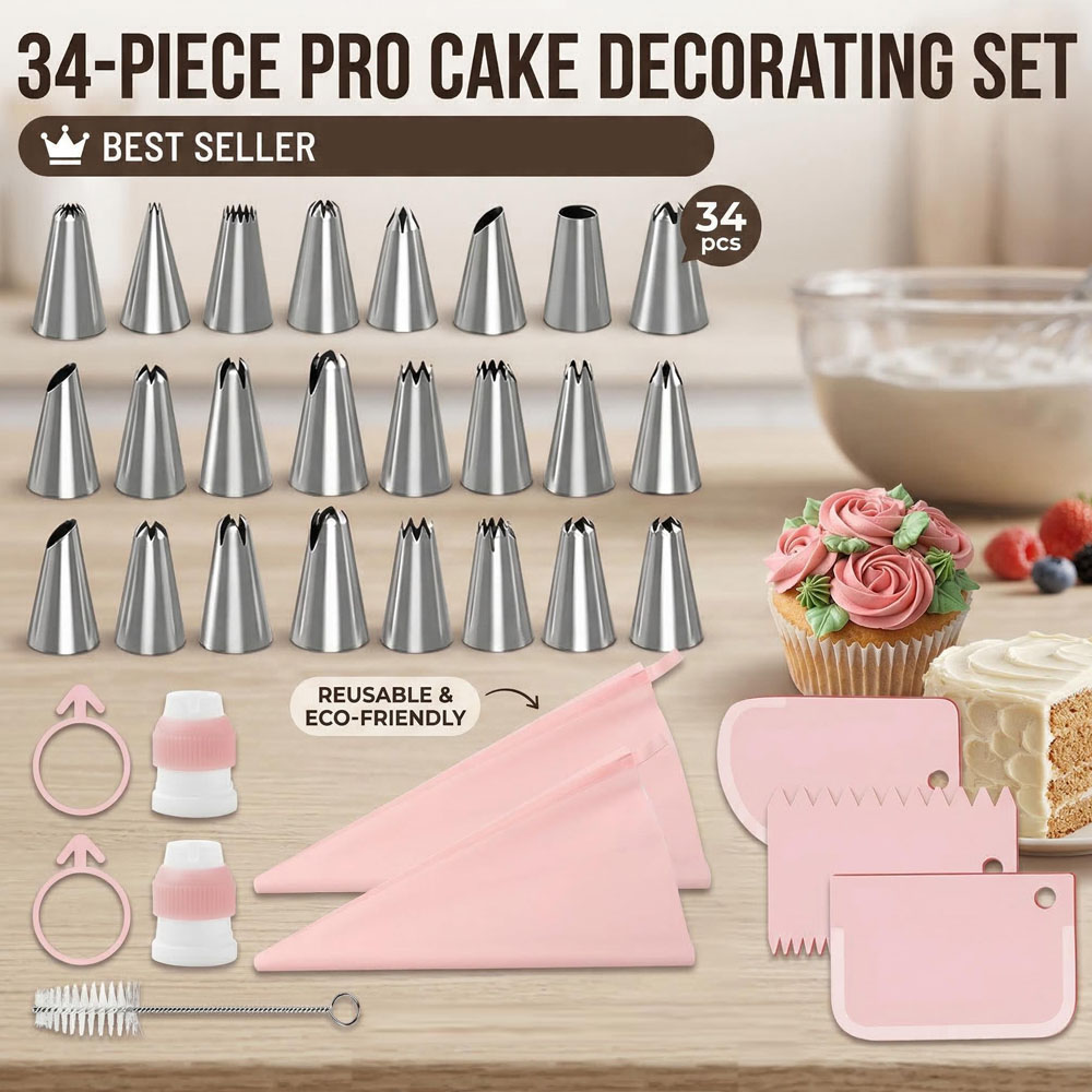 Decorating Tip Set - 34個入りパイピングチップセット（TPUバッグ＆スクレーパー付き）-アイシングノズル、コンバーター、ブラシ、初心者向けケーキデコレーションキット