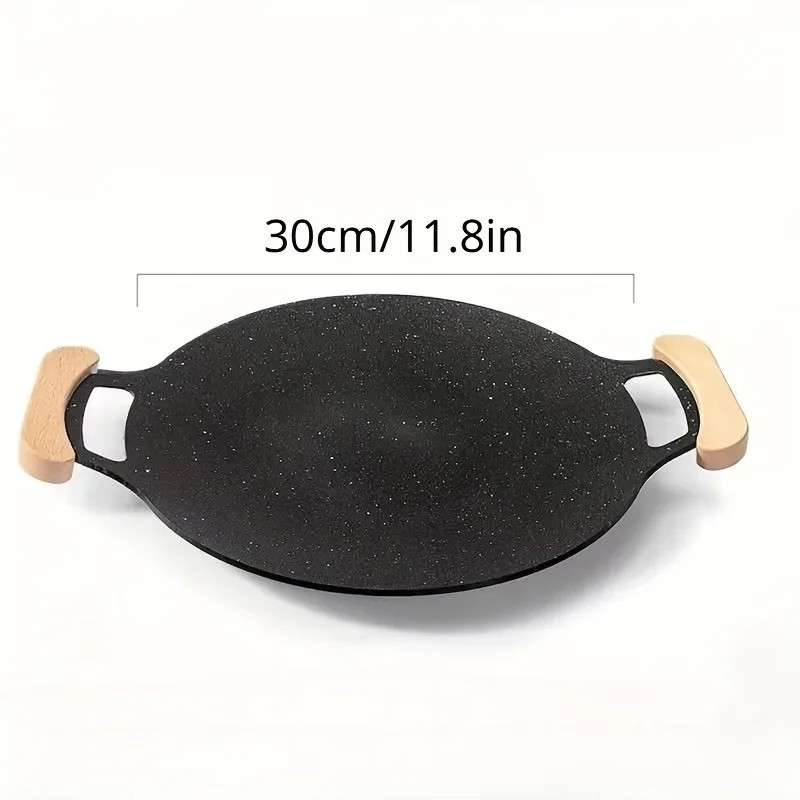 Kitchen Baking Tray Organiser - 新デザイン 1個入り 韓国風ノンスティック丸型グリルパン 木製ハンドル付き、家庭用バーベキュー調理用ポータブルグリドル
