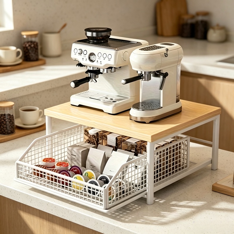 Kitchen Baking Drawer - 引き出しとベーキングラック付き縦型電子レンジスタンド 多機能キッチンカウンター収納棚オーガナイザー