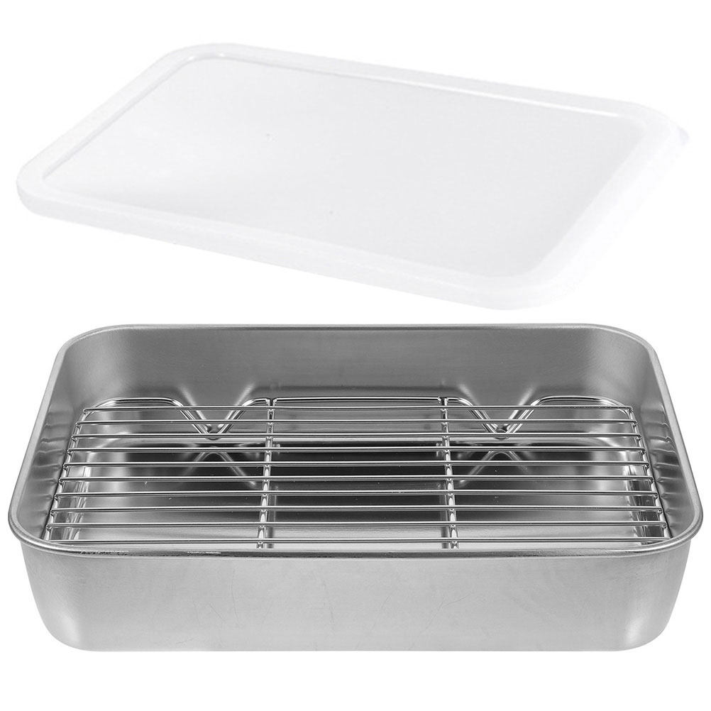 Kitchen Baking Pan Storage - ステンレス製キッチン準備トレイ1セット、深型ベーキングパン、多機能BBQ油切りラック、ロースティングプレート、食品保存冷却器